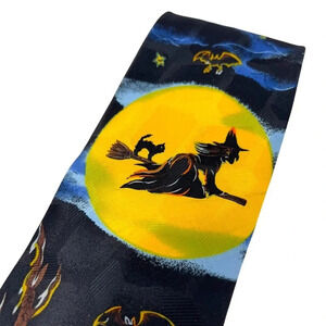 Vintage 90s Halloween Spooky October Pumpkin flying witch novelty print tie